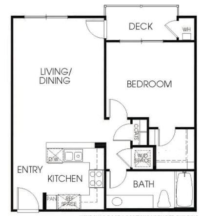 Floor plan for 1 bed, 1 bath, 651 sqft